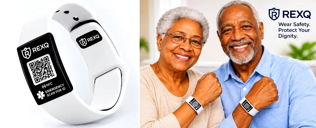 REXQ Emergency ID Wristband worn by an older couple