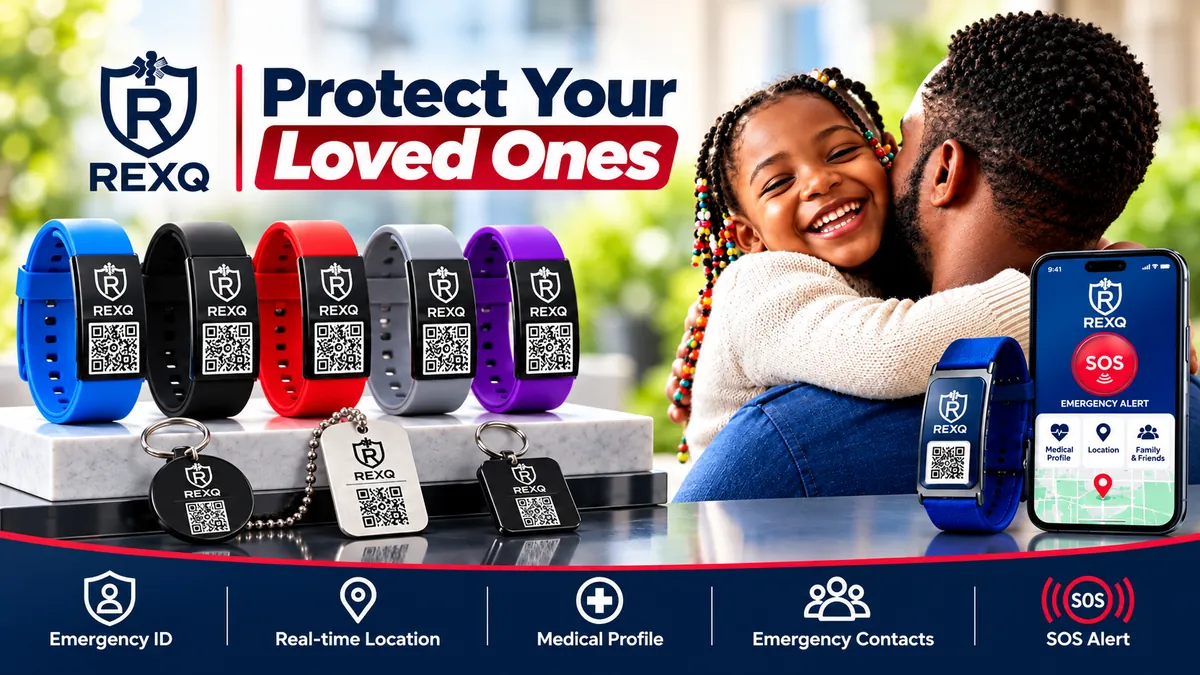 Parents and children protected with REXQ Emergency ID wristbands, tags and the REXQ app
