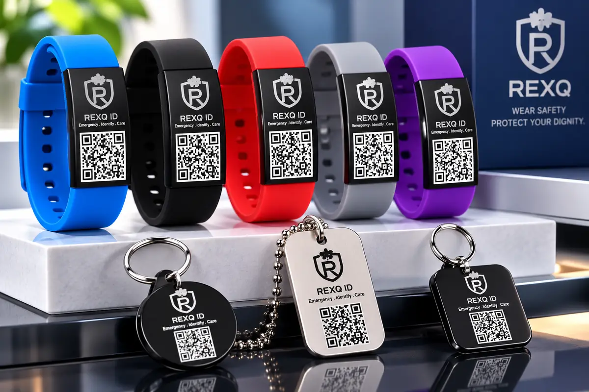 REXQ Emergency ID Wristbands in five colours, with a Smart Keyholder and Dog-Tag