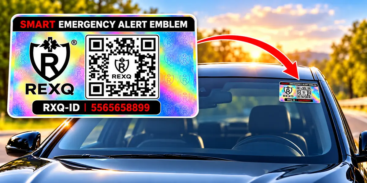 REXQ Vehicle Alert Emblem on a car windscreen