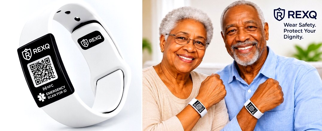 REXQ Emergency ID wristband worn by an older couple