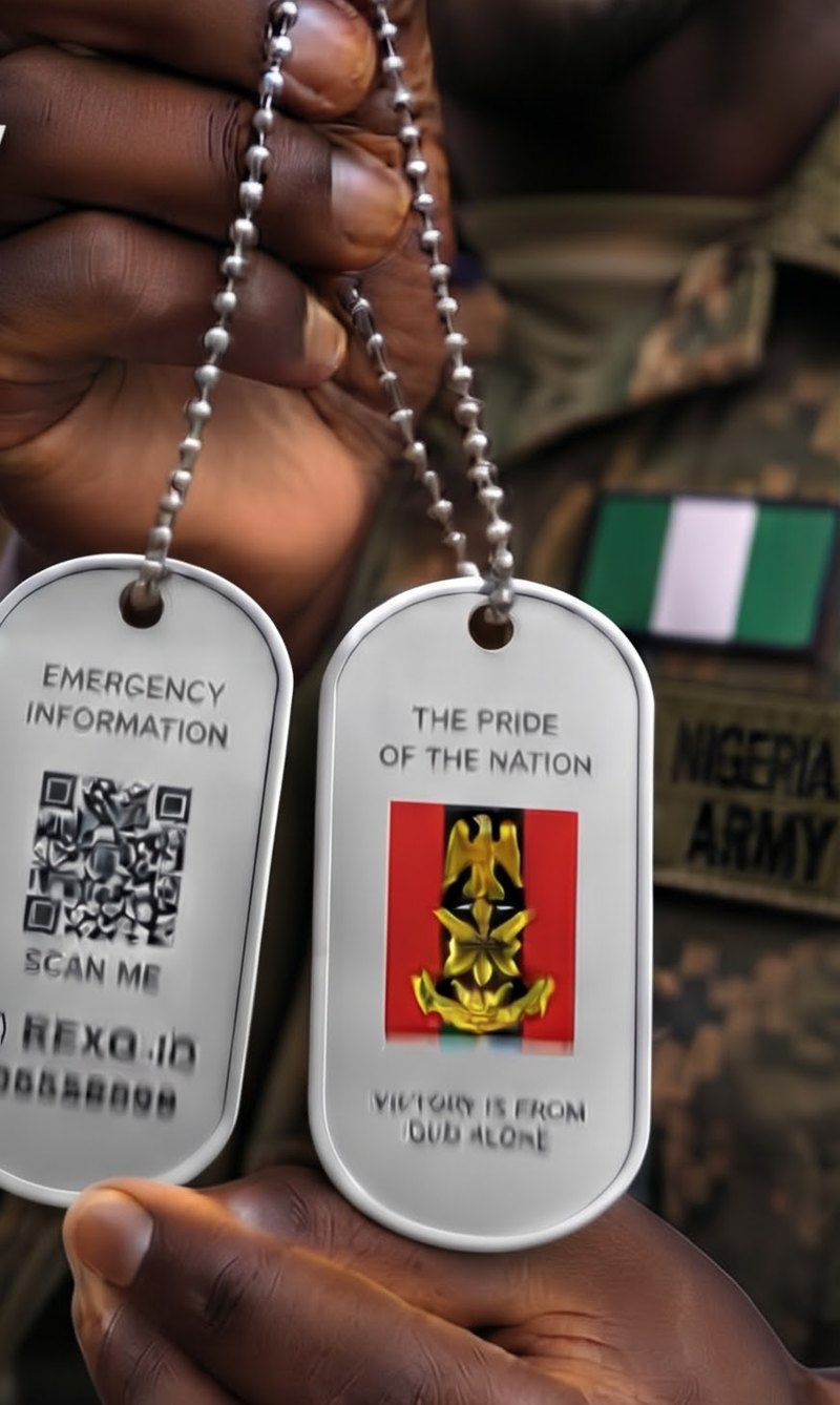 REXQ military-grade dog-tags held by a soldier